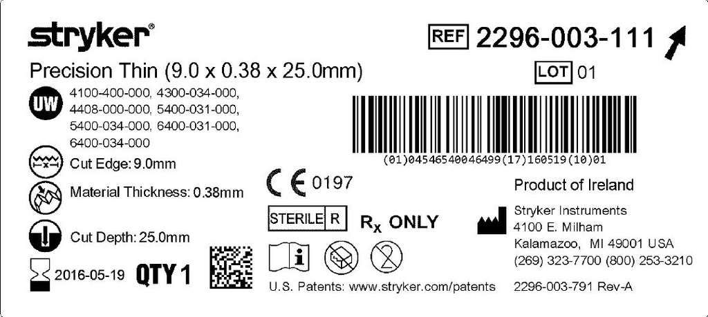 (drill CD3-4-8) SAGITTAL BLADE 9x0.38x25mm 2296003111