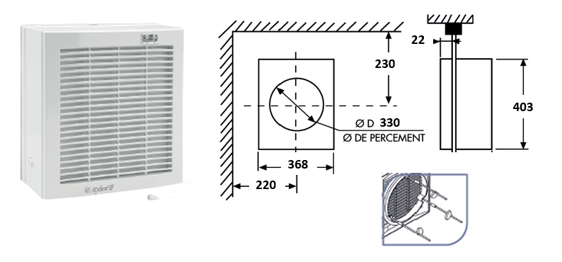 VENTILATION UNIT wall/window, 900m³/h, Ø330mm