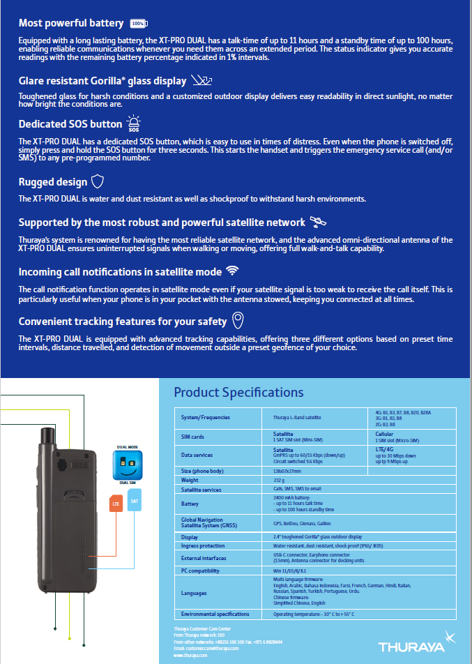 SATELLITE PHONE (Thuraya XT-PRO Dual) + accessories, set