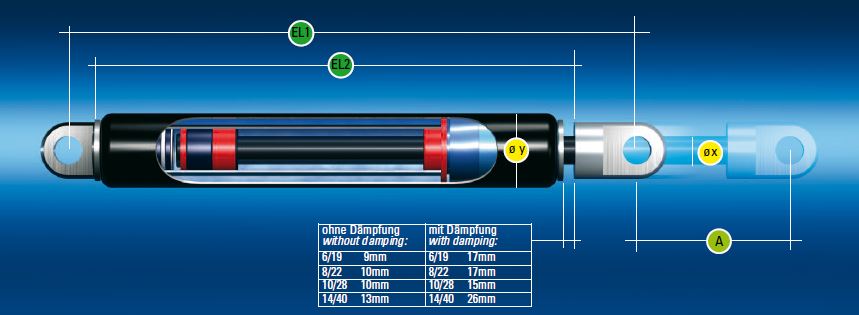 (MUST2) GAS TRACTION SPRING (Bansbach) 874mm, 2000N, floor