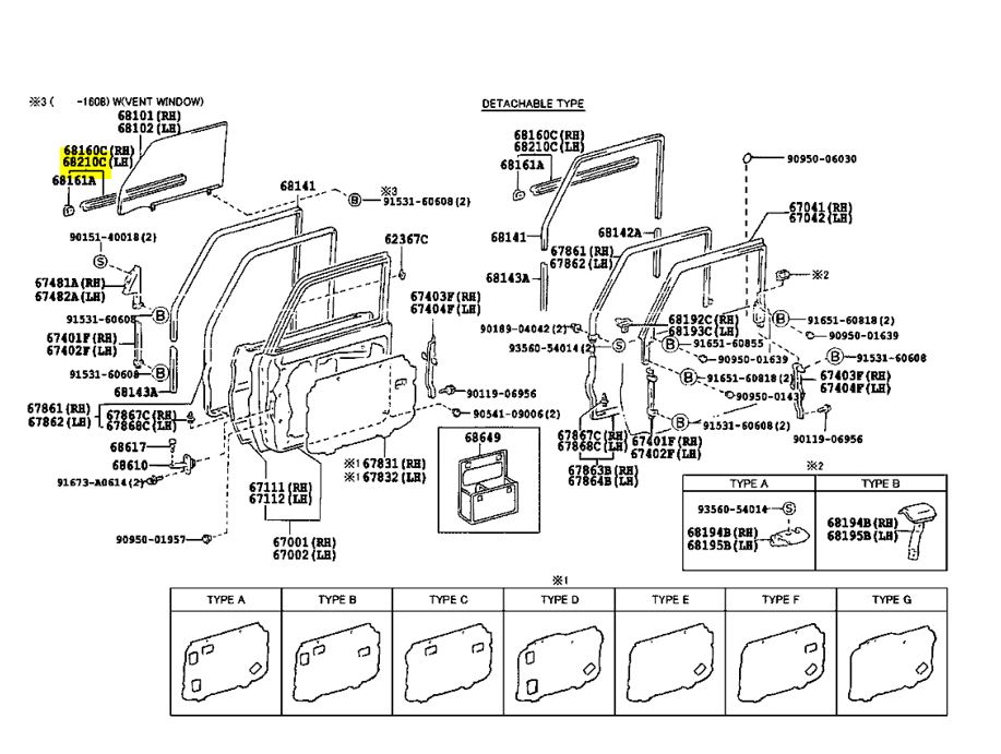 OUTER WEATHERSTRIP GLASS FR door w/ VW, left, HZJ78