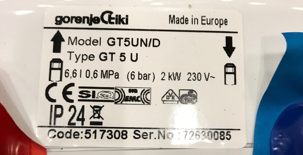 BOILER (Gorenje GT5U 517308) 5l, 230V, 2000W, G1/2''