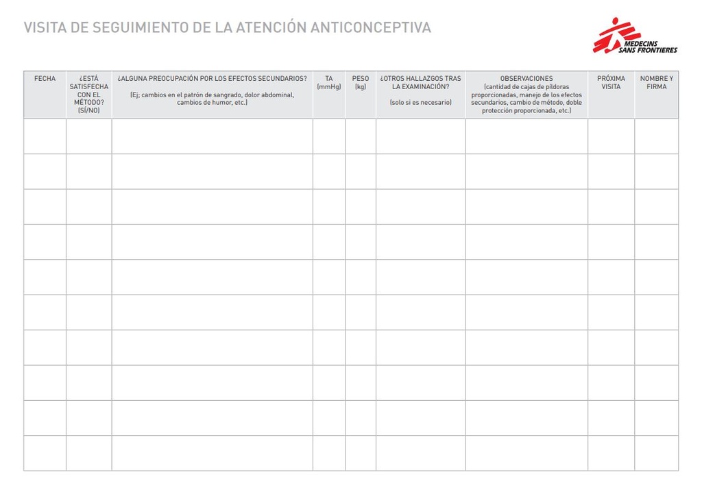 CONTRACEPTIVE CARE HEALTH FILE, Spanish, A4 recto/verso