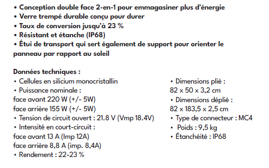 SOLAR PANEL (ECOFLOW) 220Wp, Voc 20.8V, Isc 13A