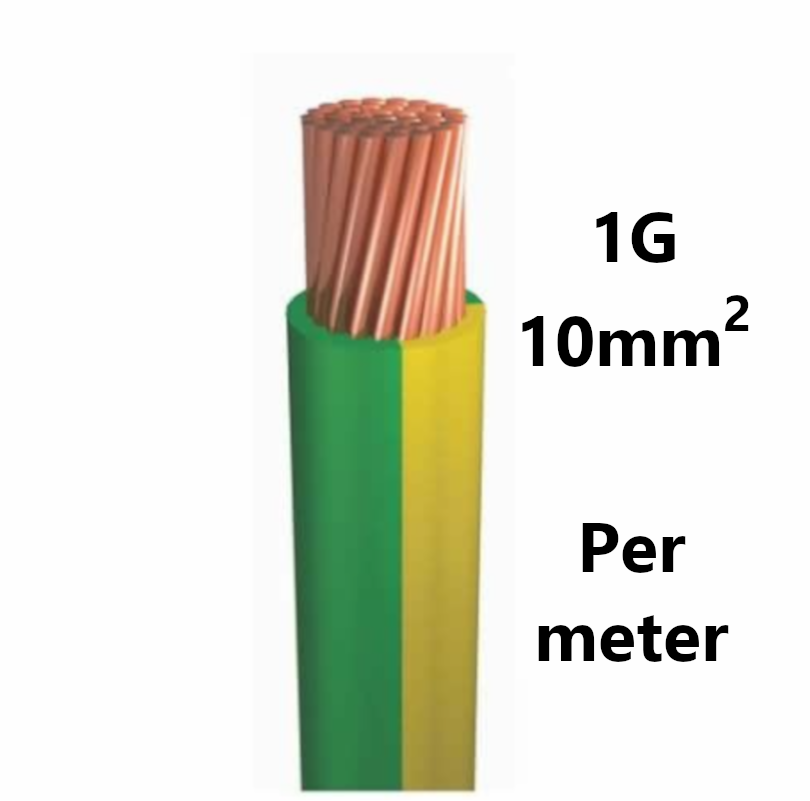 WIRE flexible, tinned copper, 10mm², green/yellow, per metre