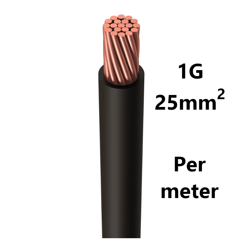 WIRE flexible, tinned copper, 25mm², black, per metre