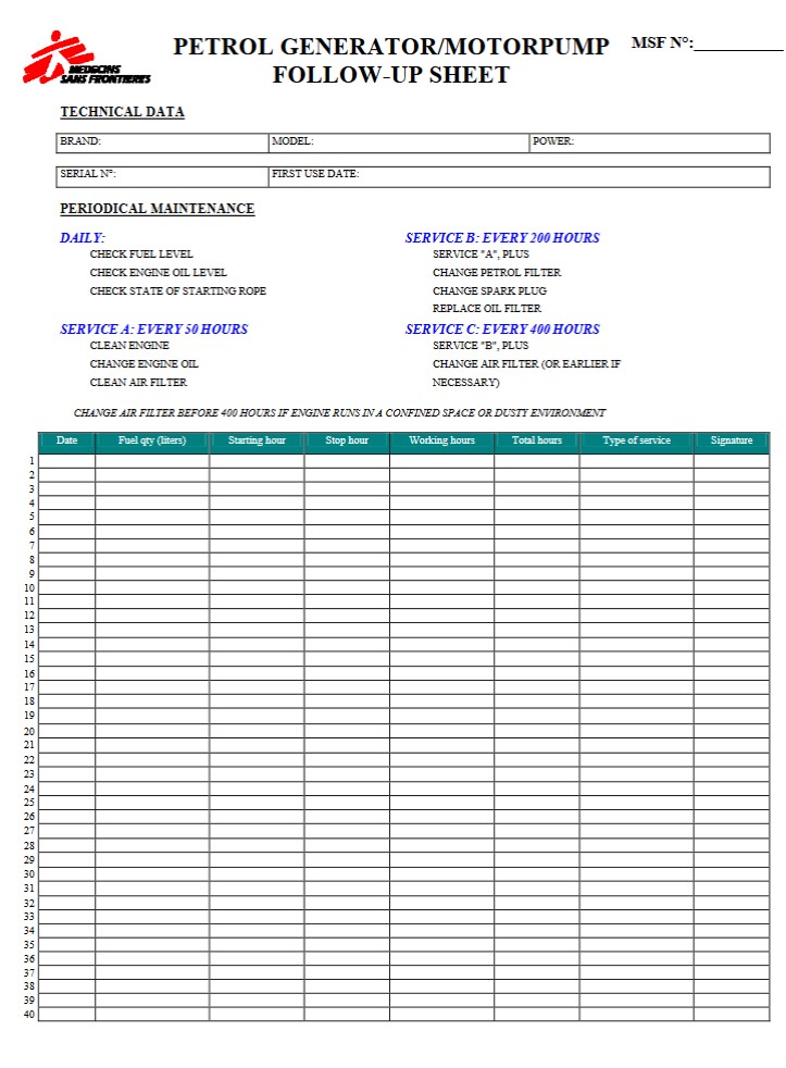 FOLLOW-UP CARD petrol, English, for pump/generator, sheet