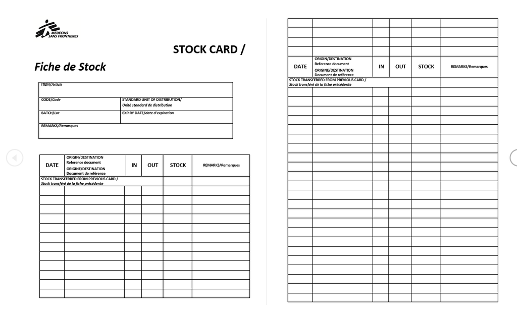 STOCK CARD EN/FR, hardback, A4, recto-verso white, sheet