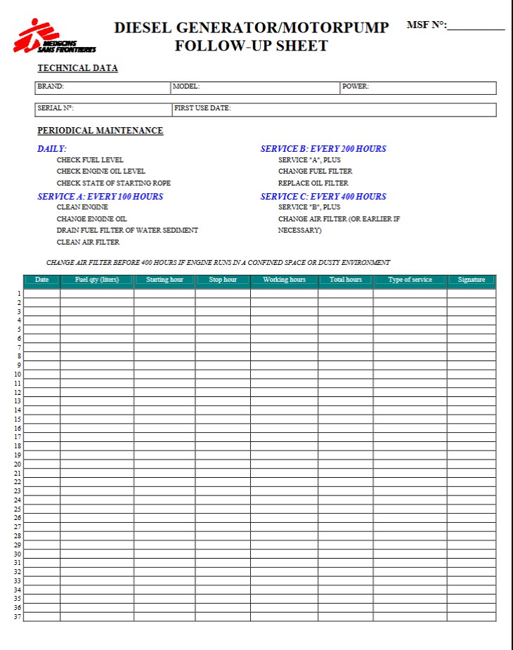 FICHE SUIVI diesel, anglais, pour pompe/générateur, feuille