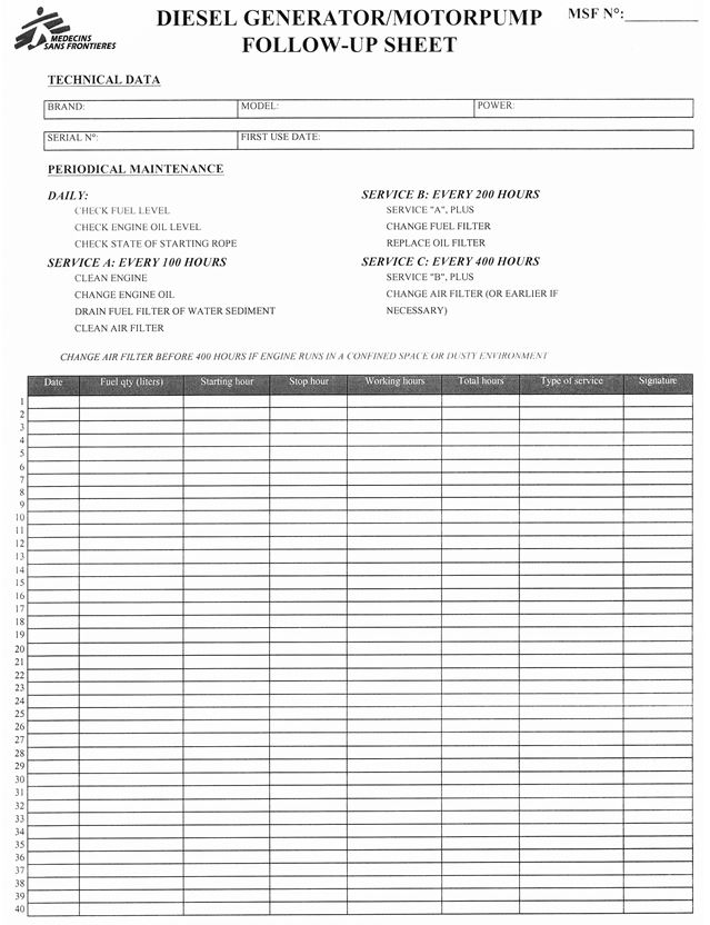 FICHE SUIVI diesel, anglais, pour pompe/générateur, feuille