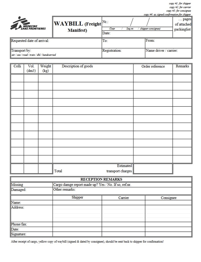 BORDEREAU D'ENVOI fret, A4, auto-copiant x3, anglais, bloc