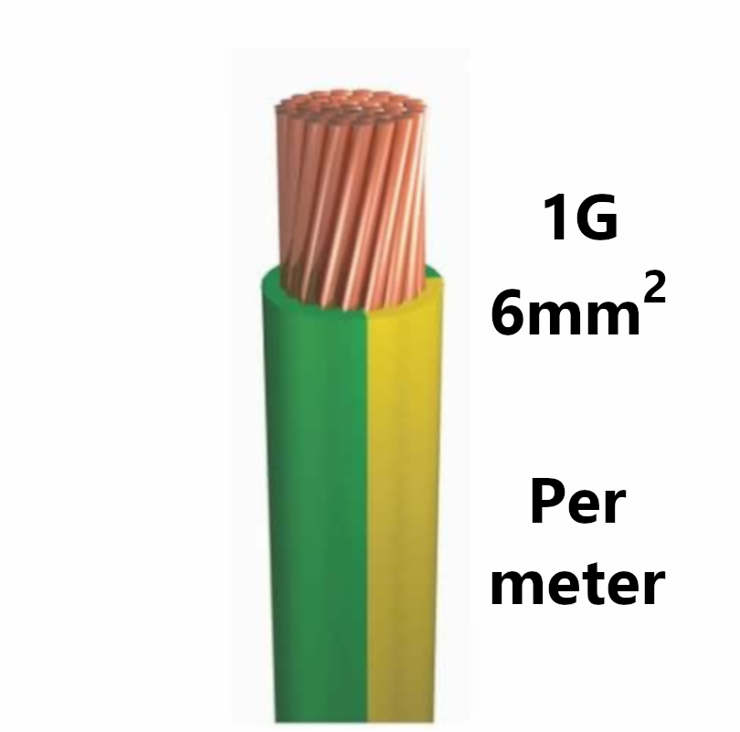 WIRE flexible, tinned copper, 6mm², green/yellow, per metre