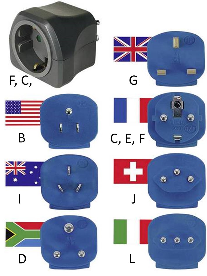 ADAPTER PLUG, M: type G/UK, B/US, E/FR / F: type E+F/EUR
