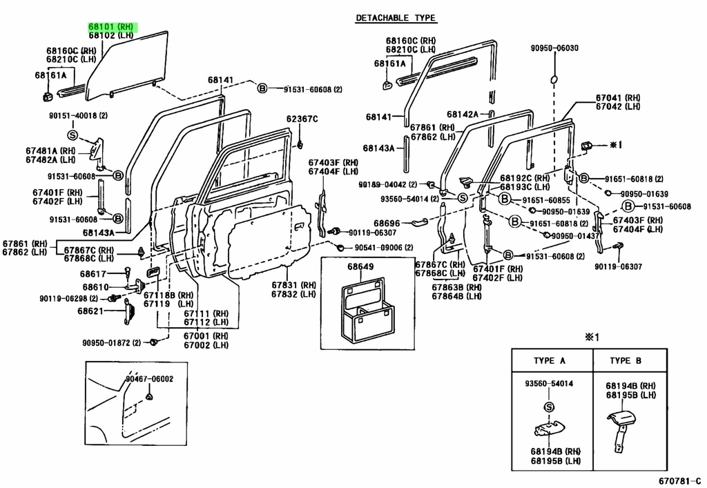 GLASS RIGHT door FR, w/out VW, HZJ78/79SC