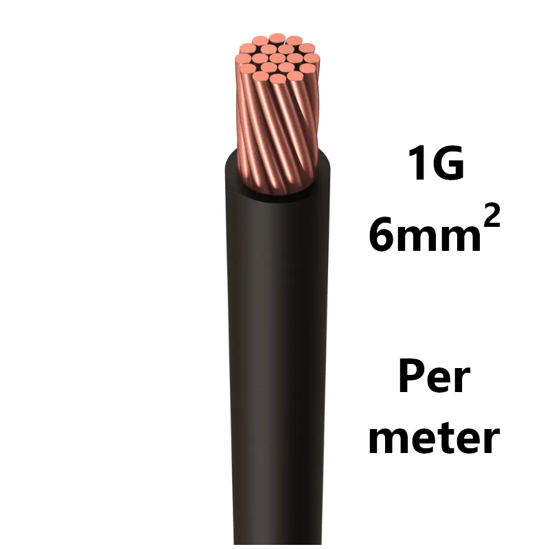 WIRE flexible, tinned copper, 6mm², black, per metre