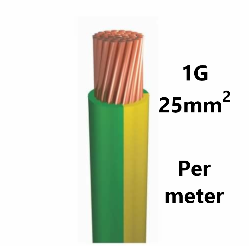 WIRE flexible, tinned copper, 25mm², green/yellow, per metre