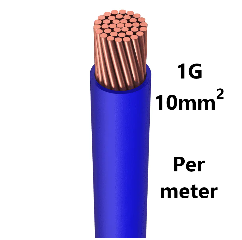 WIRE flexible, tinned copper, 10mm², blue, per metre