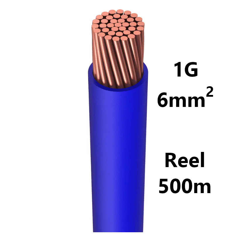 WIRE flexible, tinned copper, 6mm², blue, reel of 500m