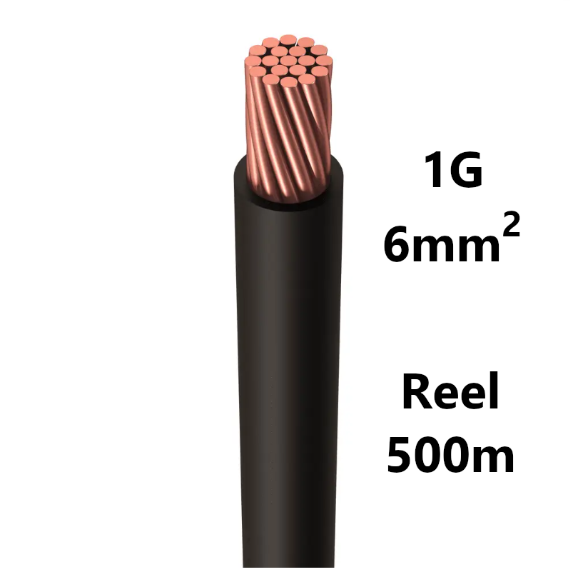 WIRE flexible, tinned copper, 6mm², black, reel of 500m