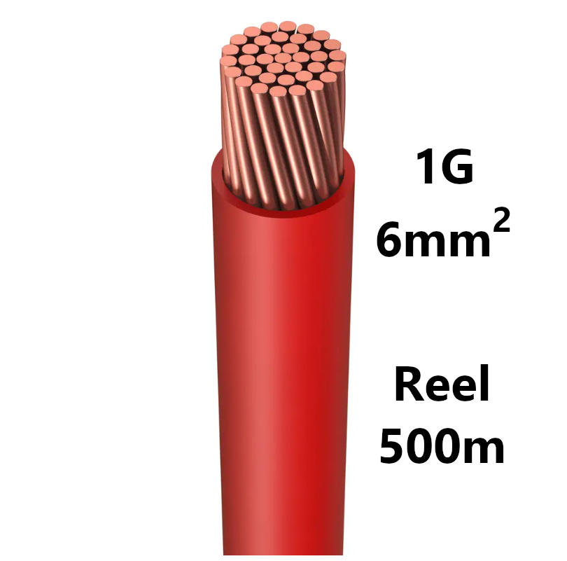 WIRE flexible, tinned copper, 6mm², red, reel of 500m