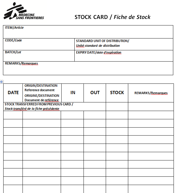 STOCK CARD EN/FR, hardback, A4, recto-verso, batch #, sheet