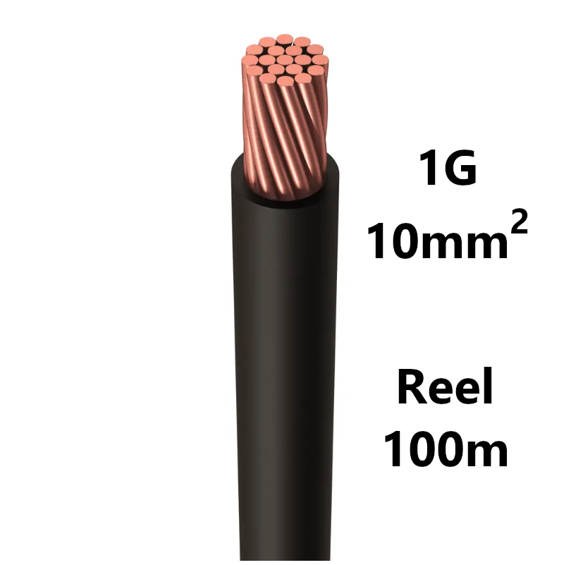 WIRE flexible, tinned copper, 10mm², black, reel of 100m