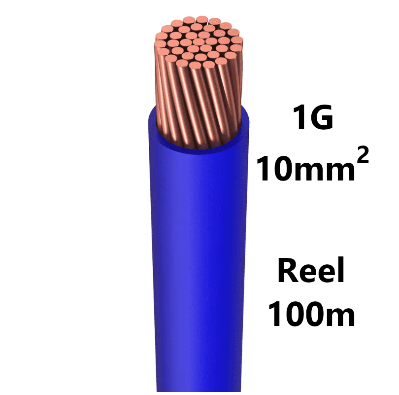 WIRE flexible, tinned copper, 10mm², blue, reel of 100m