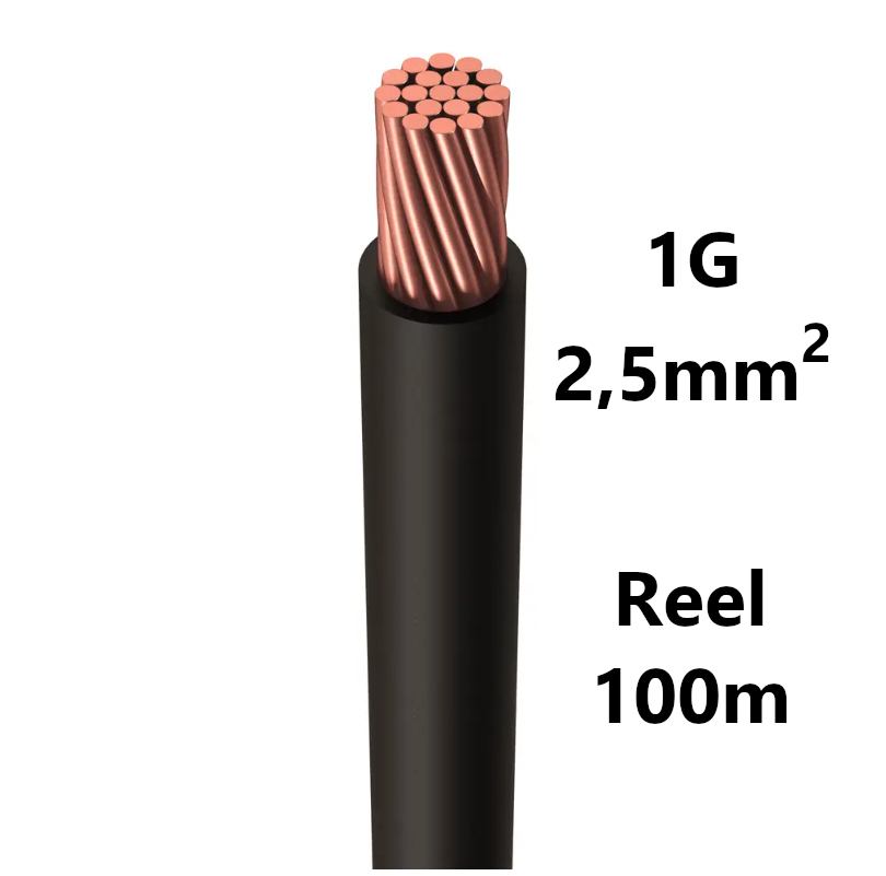 WIRE flexible, tinned copper, 2.5mm², black, reel of 100m