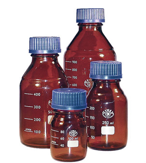 BOTTLE, glass, brown, screw thread GL45, graduat.,  1l + CAP