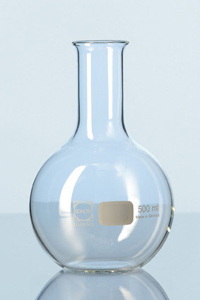 FLASK, BULB SHAPED, glass, flat bottom, narrow neck 1 l