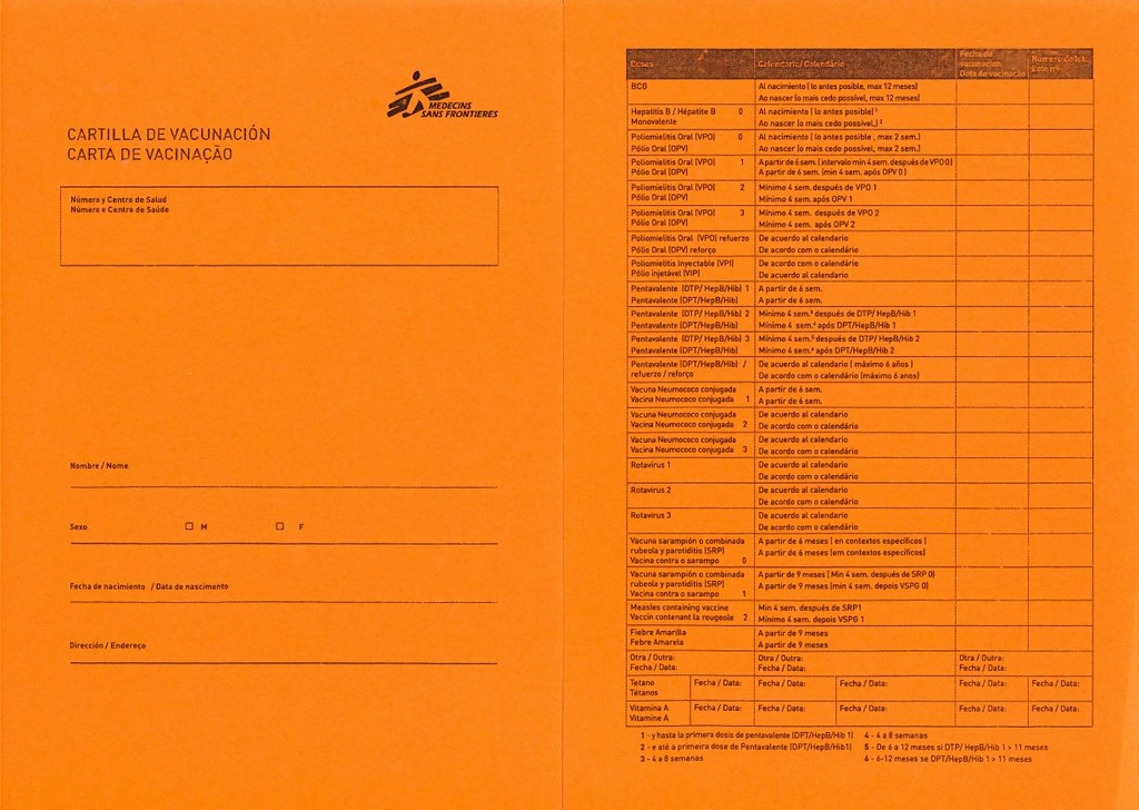 CARTE DE VACCINATION, espagnol/portugais,A5,recto/verso 2017