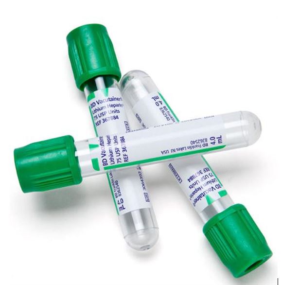 (s.prél.sang.) TUBE SOUS VIDE, plast., HEPARINE Li 4 ml vert