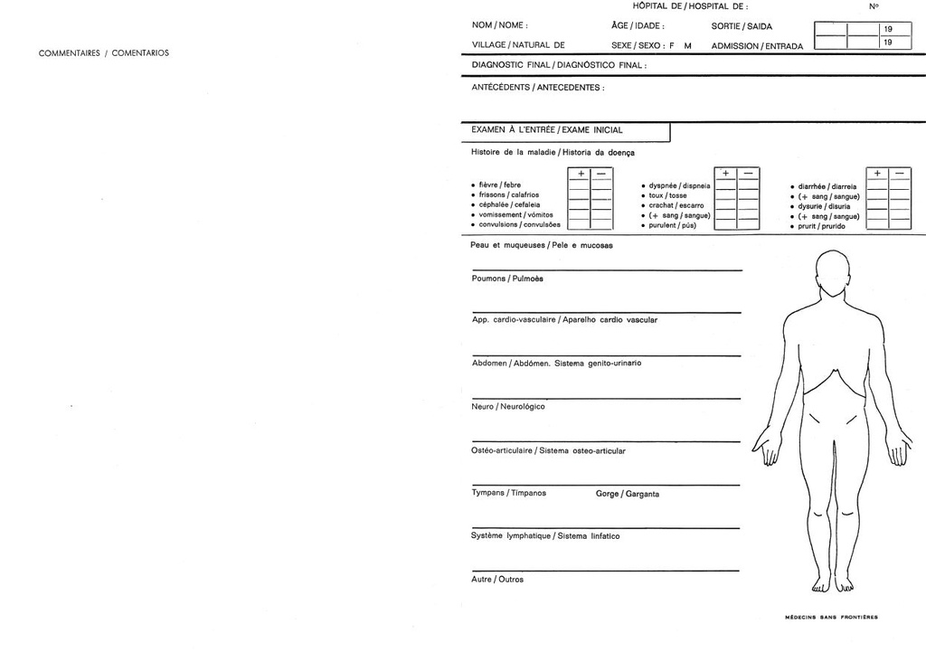 FICHE D'HOSPITALISATION, français/portugais, A3 recto/verso