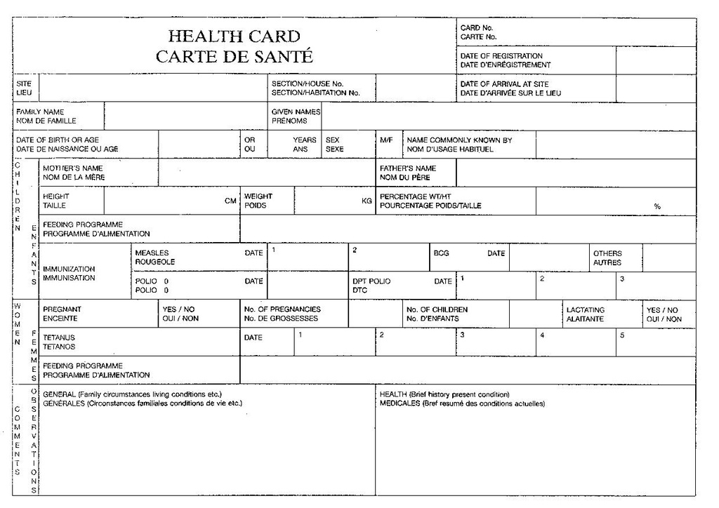 CARTE DE SANTE, anglais/français, A5 recto/verso