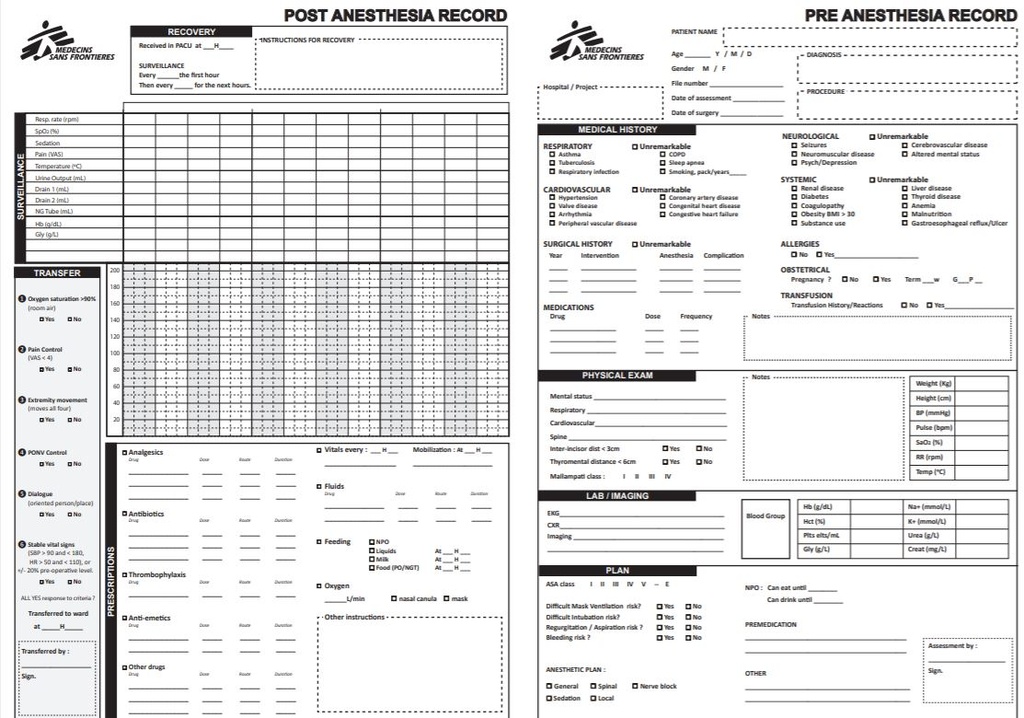 FICHE D'ANESTHESIE, anglais, A3 recto/verso