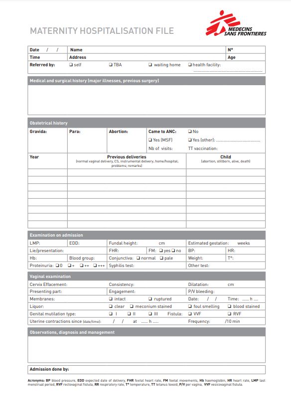 FICHE HOSPITALISATION MATERNITE, angl., 63x30cm recto/verso