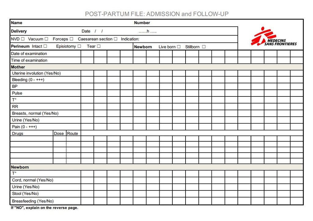 FICHE ADMISSION & SUIVI POST-PARTUM, anglais, A4 r/v