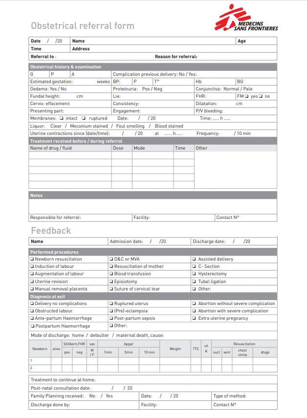 FICHE DE REFERENCE OBSTETRICALE, anglais, A4 recto