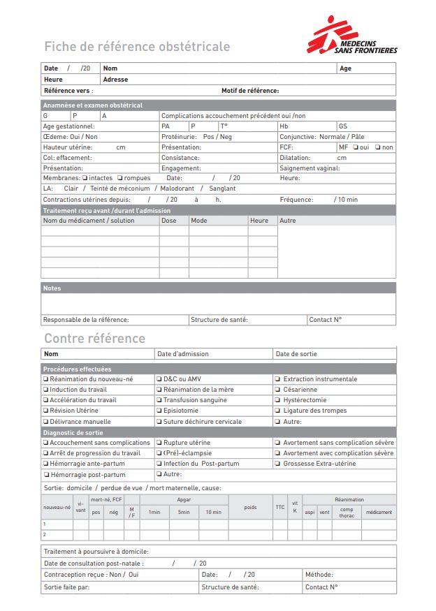 FICHE DE REFERENCE OBSTETRICALE, français, A4 recto