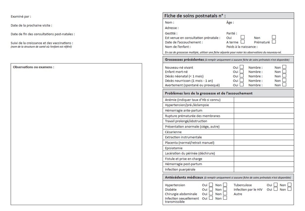 FICHE DE SOINS POST-NATALS, français, A4 recto/verso 2019