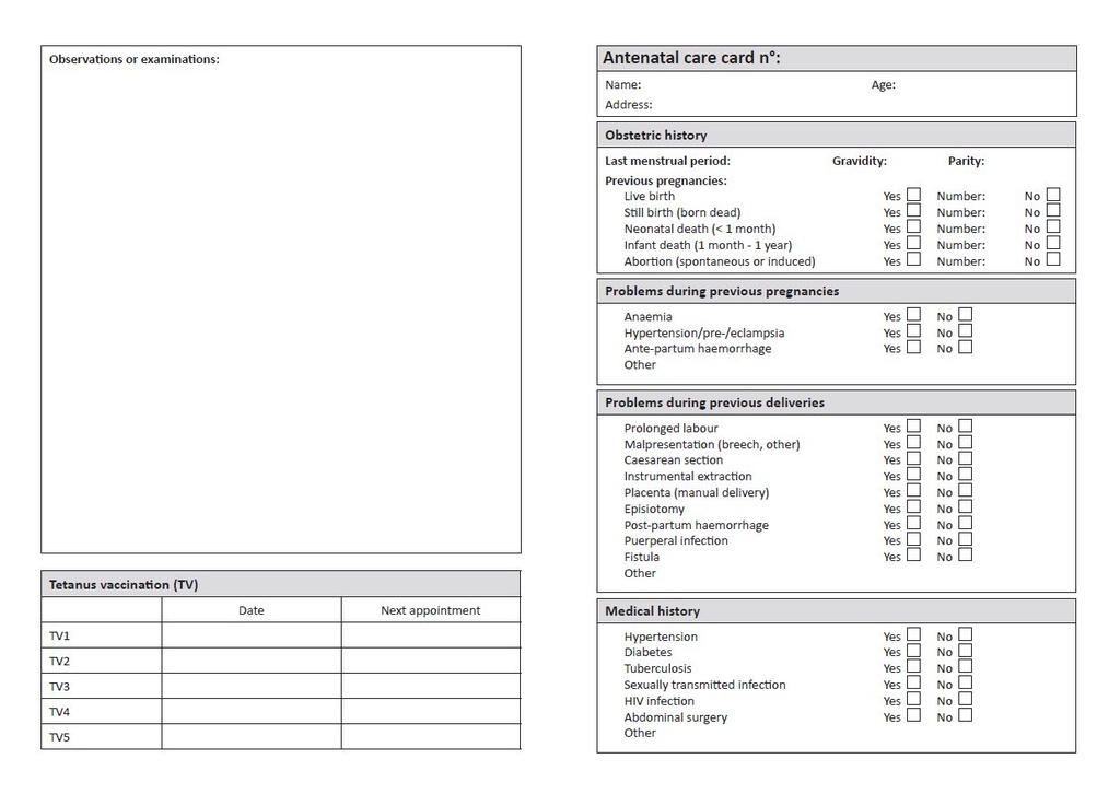 ANTENATAL CARE CARD, English, A4 recto/verso 2019