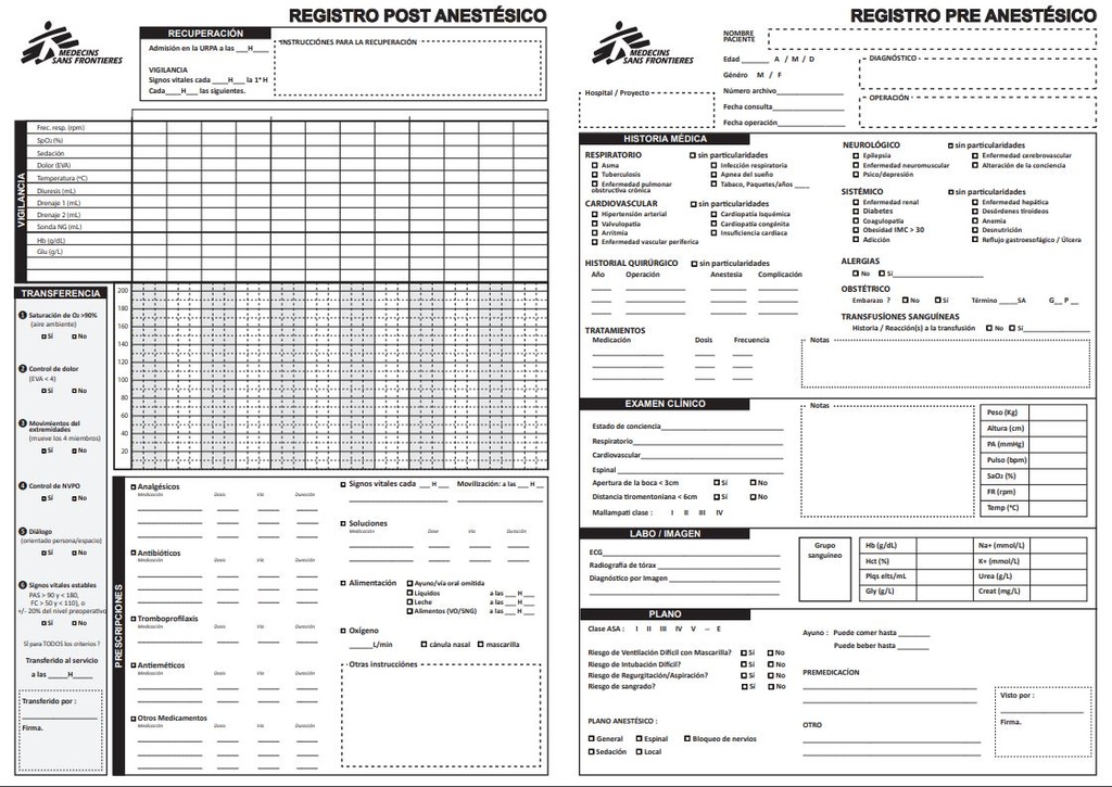 FICHE D'ANESTHESIE, espagnol, A3 recto/verso