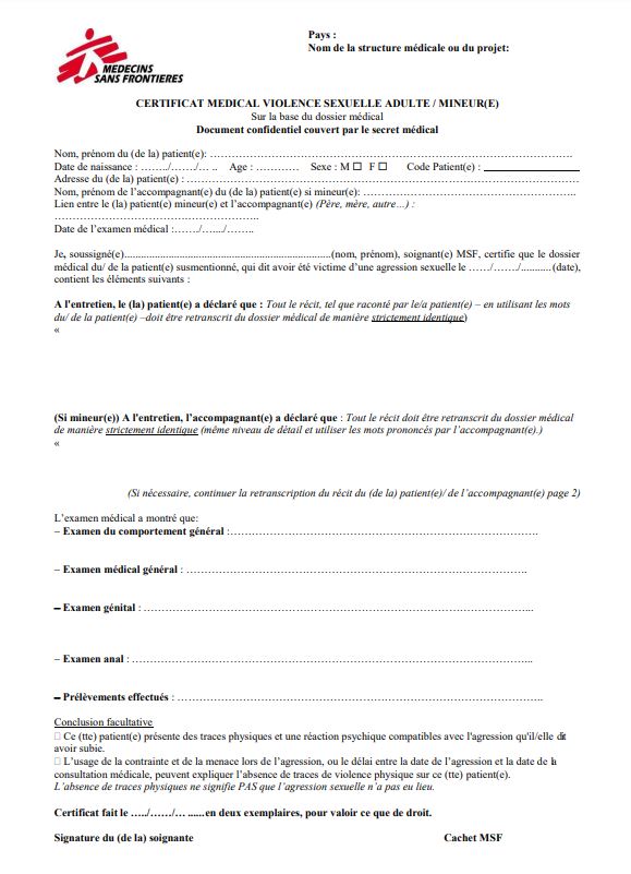 CERTIFICAT MEDICAL VIOLENCE SEXUELLE, adulte/min., FR A4 r/v