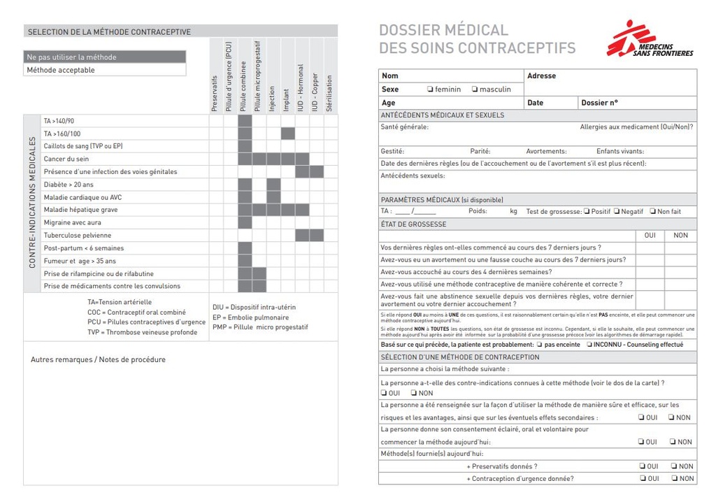 CONTRACEPTIVE CARE HEALTH FILE, French, A4 recto/verso