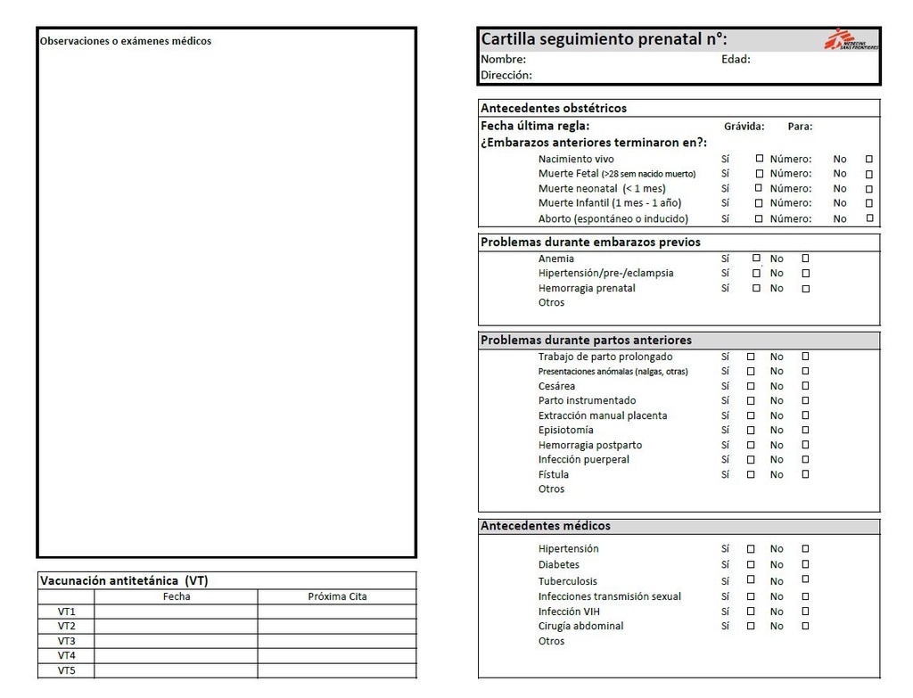 ANTENATAL CARE CARD, Spanish, A4 recto/verso 2021