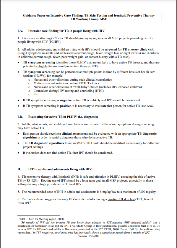 Guidance paper on intensive case-finding, TB skin testing...
