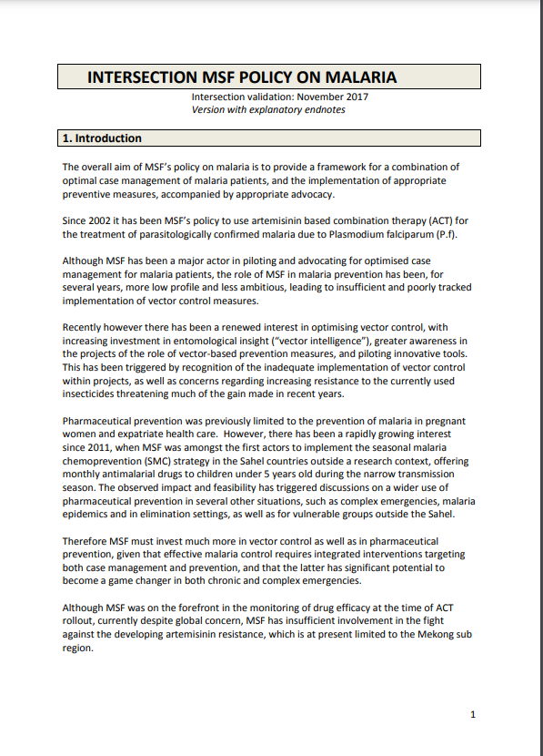 Intersection MSF Policy on Malaria