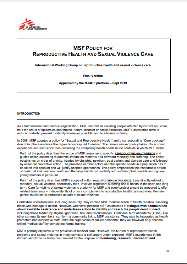 MSF Policy for Reproductive Health and Sexual Violence Care