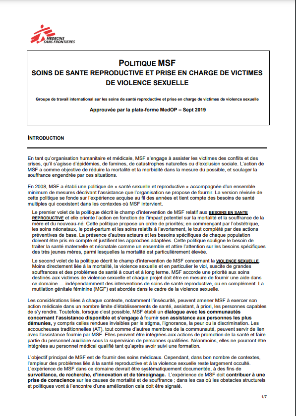 Politique MSF en matière de santé sexuelle et reproductive