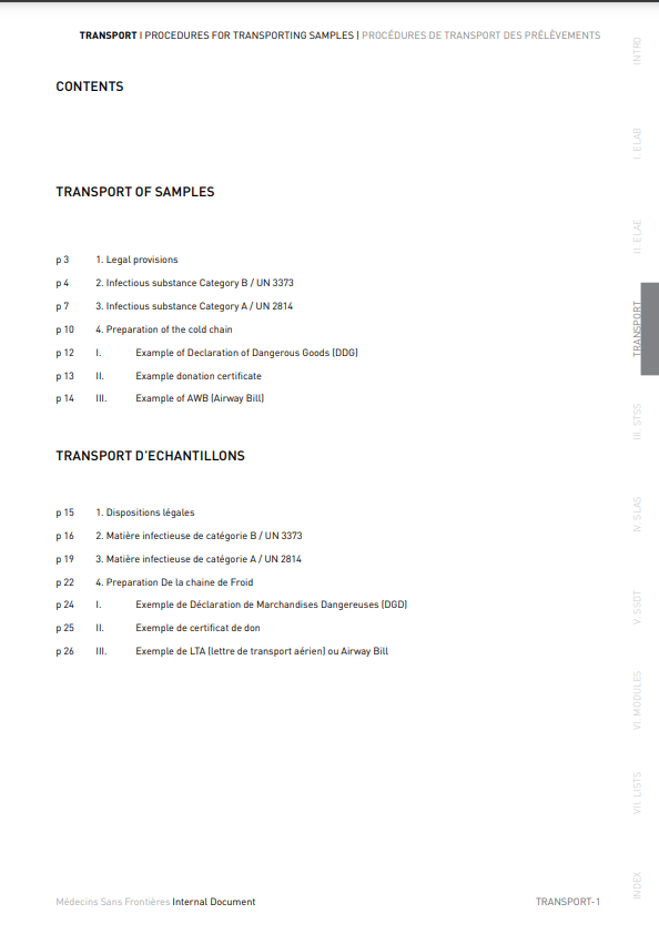 Procedures for transporting samples, eng/fra